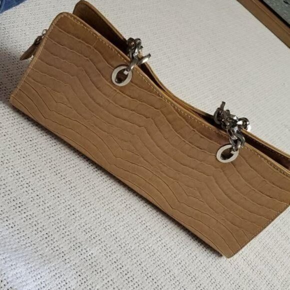 Pagado Embellished Tan Leather Crocodile Zippered Satchel - Picture 5 of 6